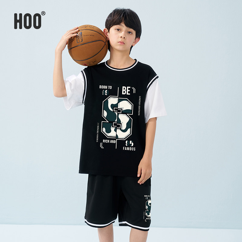hoo男童套装夏季速干篮球服儿童短袖短裤两件套中大童T恤裤子运动