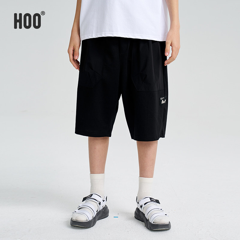 hoo男童中裤大童短裤夏季2025新款儿童黑色百搭宽松青少年五分裤