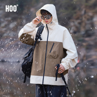 hoo男童外套冲锋衣春秋款户外大童男生防水连帽2024新款童装潮牌