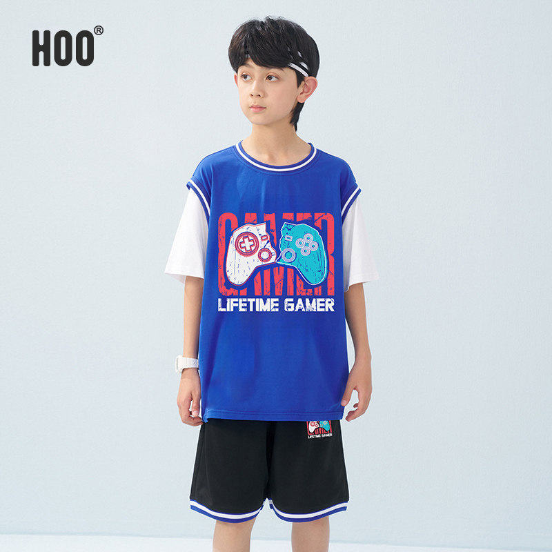 hoo男童运动套装儿童短袖T恤短裤夏季两件套青少年速干球衣初中生