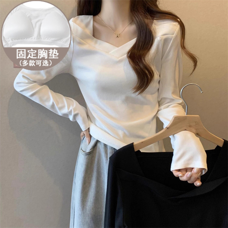 带胸垫睡衣网红女V领长袖打底衫女内搭修身春秋韩风chic港味上衣