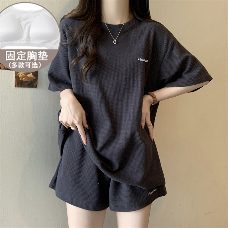 带胸垫短袖短裤T恤睡衣两件套女