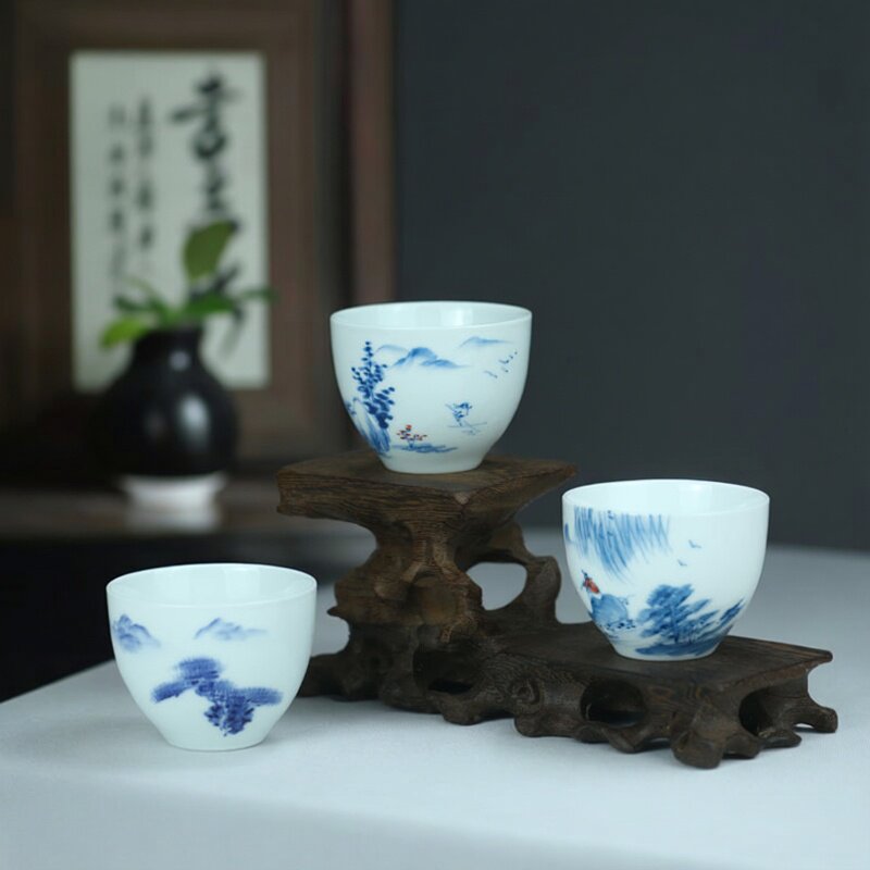 京德贵和祥手绘青花景德镇陶瓷大号品茗杯子苍松迎客功夫茶杯包邮
