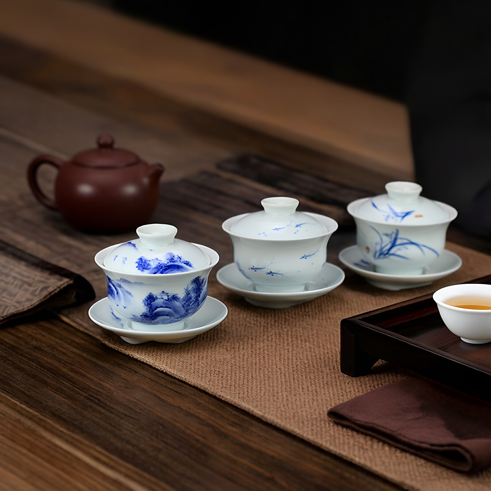 三才手绘仿古青花陶瓷京德手工