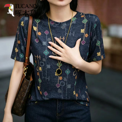 啄木鸟时尚印花短袖T恤女宽松圆领套头百搭休闲气质中老年女装