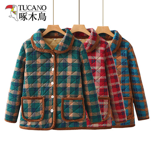 啄木鸟妈妈冬季格子外套加绒加厚