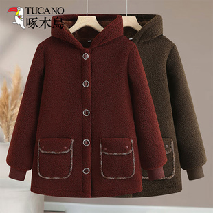 啄木鸟2025年秋冬摇粒绒妈妈装连帽加厚保暖外套奶奶加厚抗寒棉袄