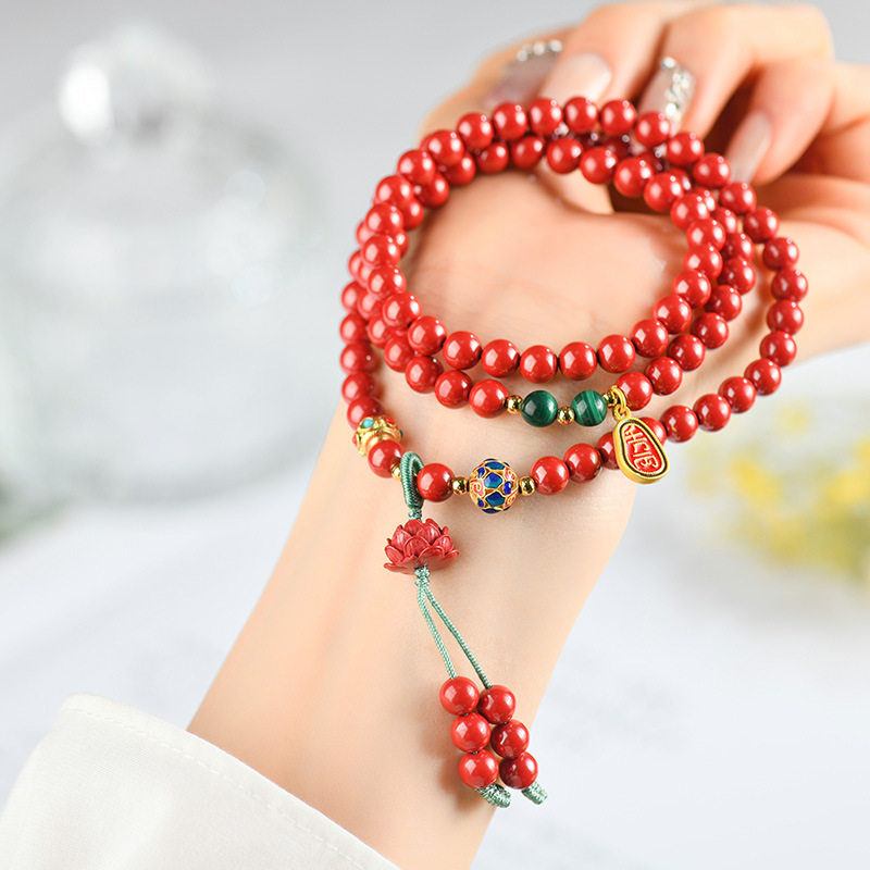 天然原矿高含量朱砂帝红砂三圈手链女本命年中国红莲花手串