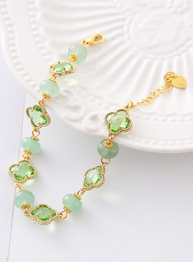 经典复古四叶草手链ins网红时尚简约天然玉石串珠手串手饰女