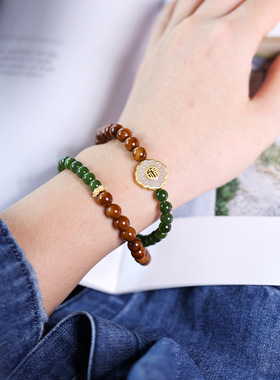 感半山半水!菠菜绿双圈手链库克菩提和田玉福手串diy碧玉饰品