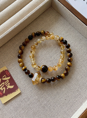 【日照金山】天然虎眼石黄塔晶水晶手串女双圈招米手链新中式饰品