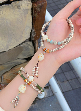 秋季新款中式文艺复古民族风寺庙星月菩提双圈招财猫手串闺蜜手链