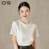 秸熙春秋简约纯色圆领T恤立体花朵装 体恤上衣 饰百搭正肩显瘦短袖