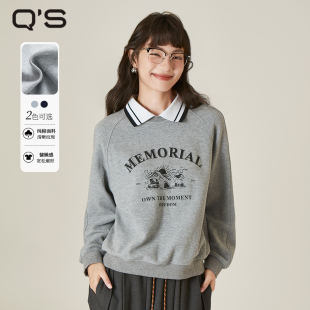 QS秸熙2025春秋宽松学院风套头卫衣假两件翻领印花字母宽松上衣潮