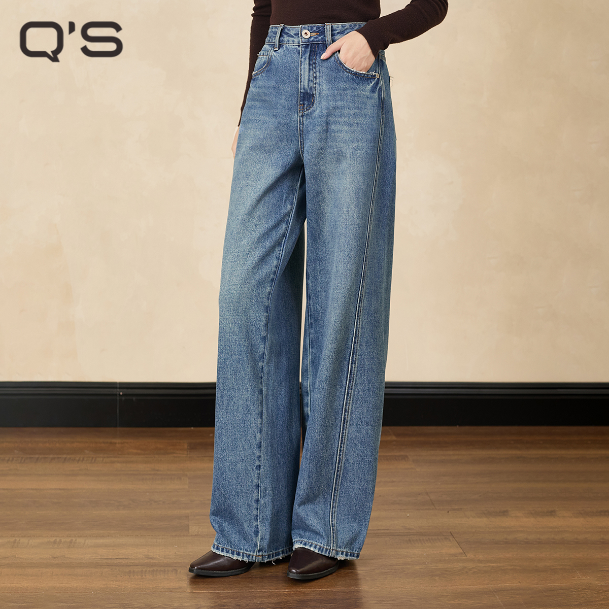 秸熙纯色显瘦水洗牛仔弯刀裤