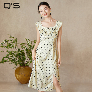 qs秸熙夏季新款复古法式显瘦赫本风连衣裙荷叶边国风扣波点伞摆裙