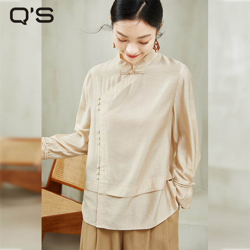 qs秸熙春秋季新款复古国风盘扣衬衫女斜门襟纯色显瘦长袖时尚上衣