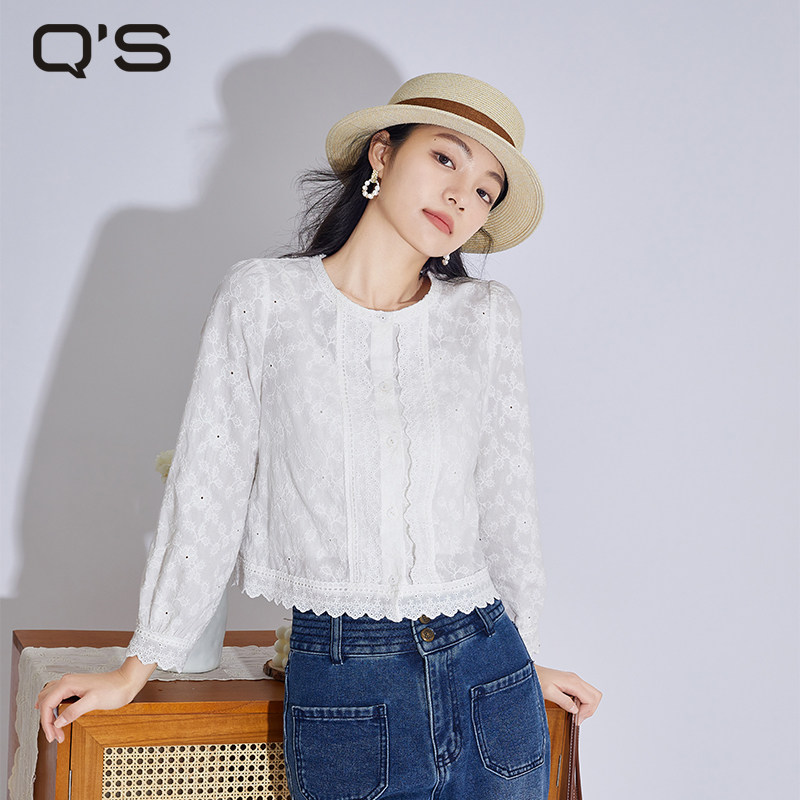 qs秸熙2026春秋新款通勤衬衫女镂空棉布绣花百搭短款显瘦小衫上衣