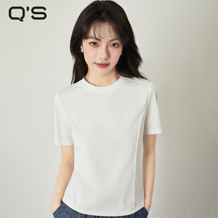 QS秸熙短袖 圆领百搭弹力棉感显瘦体恤上衣 正肩女t恤2025新款 夏季
