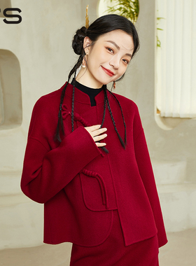 QS秸熙冬新款复古轻国风绵羊毛新中式红色双面呢女大衣结婚敬酒服