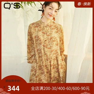 复古轻国风连衣裙印花A字宽松时尚 qs秸熙春秋季 新款 显瘦长裙子潮