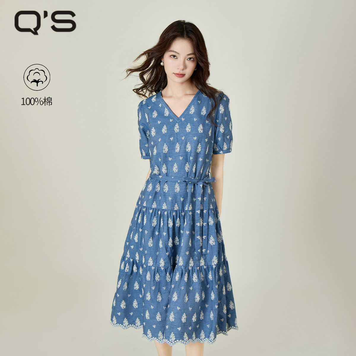 QS秸熙26秋夏季新款简约文艺风连衣裙棉布镂空绣花A摆显瘦牛仔裙