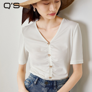 女蝴蝶结套头显瘦高腰短款 qs秸熙夏季 针织衫 新款 T恤上衣 软糯短款