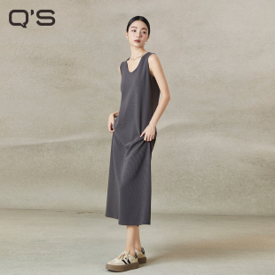 qs秸熙春秋新款 背心长裙 纯色慵懒针织吊带连衣裙气质显瘦A摆长款