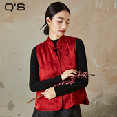 qs秸熙秋冬新款 层次感叠穿马甲外套轻国风新中式 提花棉服红色上衣