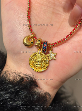 辣椒派保色！新中式招米黄财神手工编织小红绳项链女 复古毛衣链