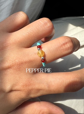 辣椒派 夏日s925银珠蓝松红玉髓琥珀新中式串珠戒指女 天然石