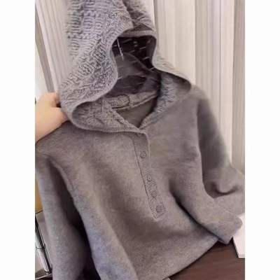 法式灰色连帽半开领打底衫女秋冬
