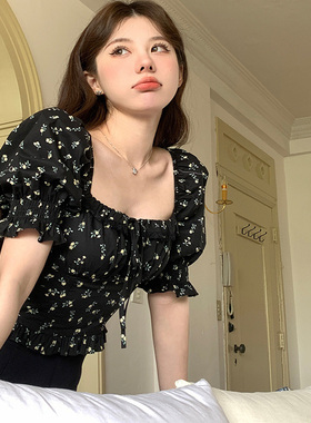 大码法式复古方领印花纯欲风泡泡袖衬衫女夏超仙甜美小衫轻熟上衣