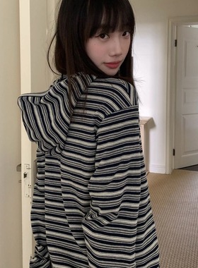 美式复古oversize慵懒条纹连帽套头卫衣日系宽松休闲上衣女装百搭