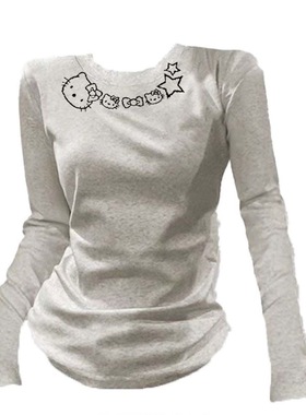 美式复古chic小众正肩印花长袖t恤女秋季秋衣学生百搭通勤上衣ins