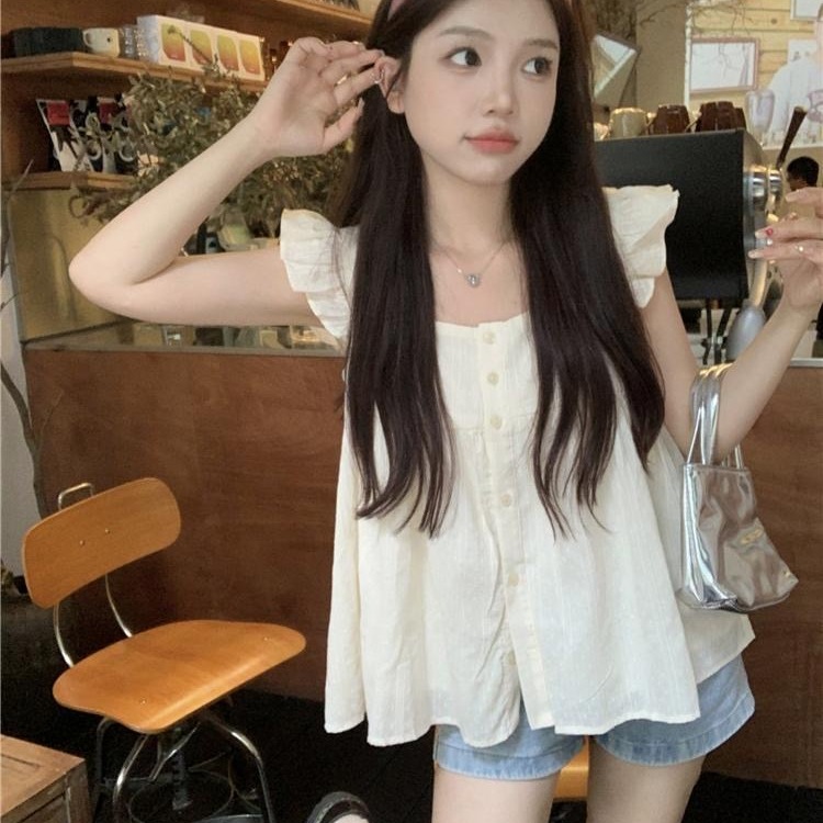 甜美风飞飞袖衬衫女夏季甜美减龄