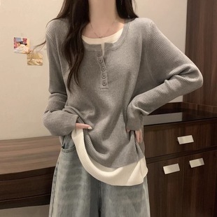 宽松洋气减龄内搭打底衫 灰色假两件长袖 新款 德绒衫 上衣女 女秋冬季