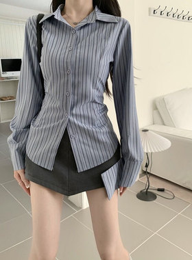 反季清仓！辣妹蓝色条纹长袖衬衫春秋高级设计感小众修身收腰上衣