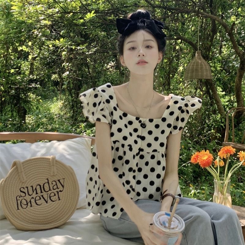 可爱设计感衬衫女法式方领波点