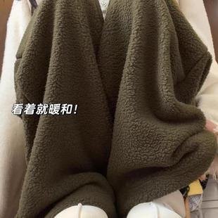 羊羔毛绒保暖阔腿裤冬季加厚绒宽松显瘦百搭抽绳穿裤子大码松紧腰