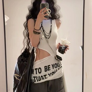 美式 镂空飘带上衣潮 辣妹设计感不规则吊带背心女夏季 设计感修身