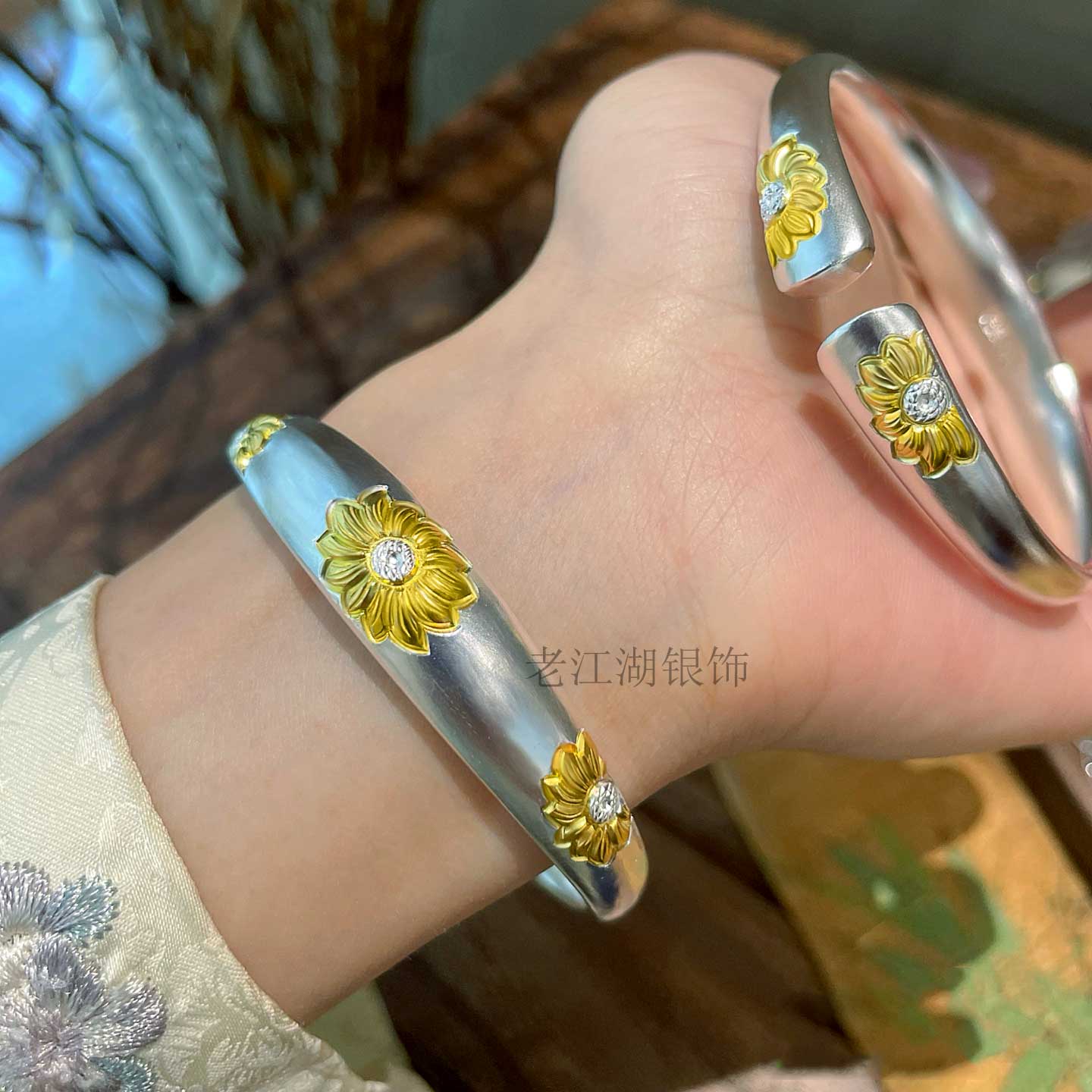 足银9999向阳花手镯女纯银实心
