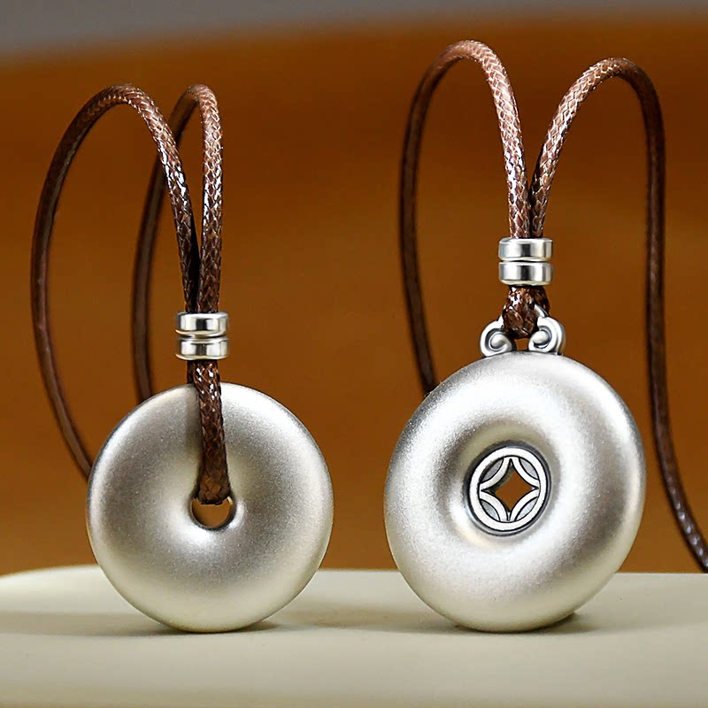 999纯银实心平安扣吊坠古法复古纯银项链皮绳挂坠男女本命年礼物