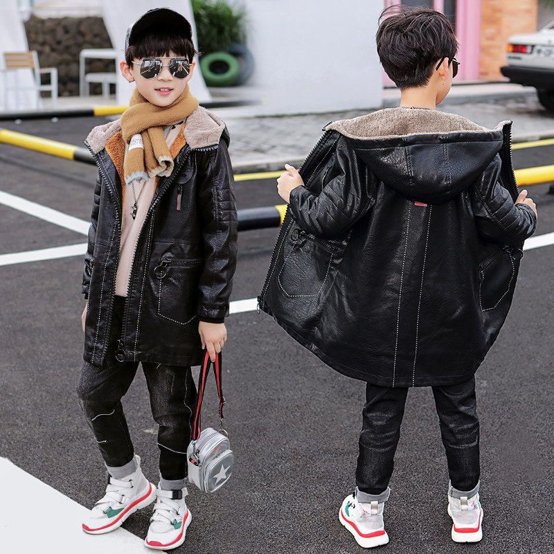 男童加绒皮衣夹克2024冬装新韩版中大童洋气加厚保暖儿童连帽外套