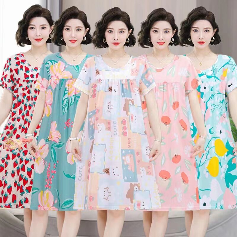 中老年夏天短袖绵绸裙子人造棉连衣裙夏薄中年妈妈睡裙棉绸睡衣女