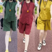 亚麻女高端棉麻套装女2025新款夏季纯色休闲盘扣上衣短裤两件套潮