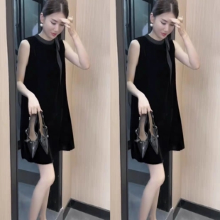 纯色宽松连衣裙潮 轻奢风法式 丝绒裙女2025年夏季 新款 圆领飘带无袖