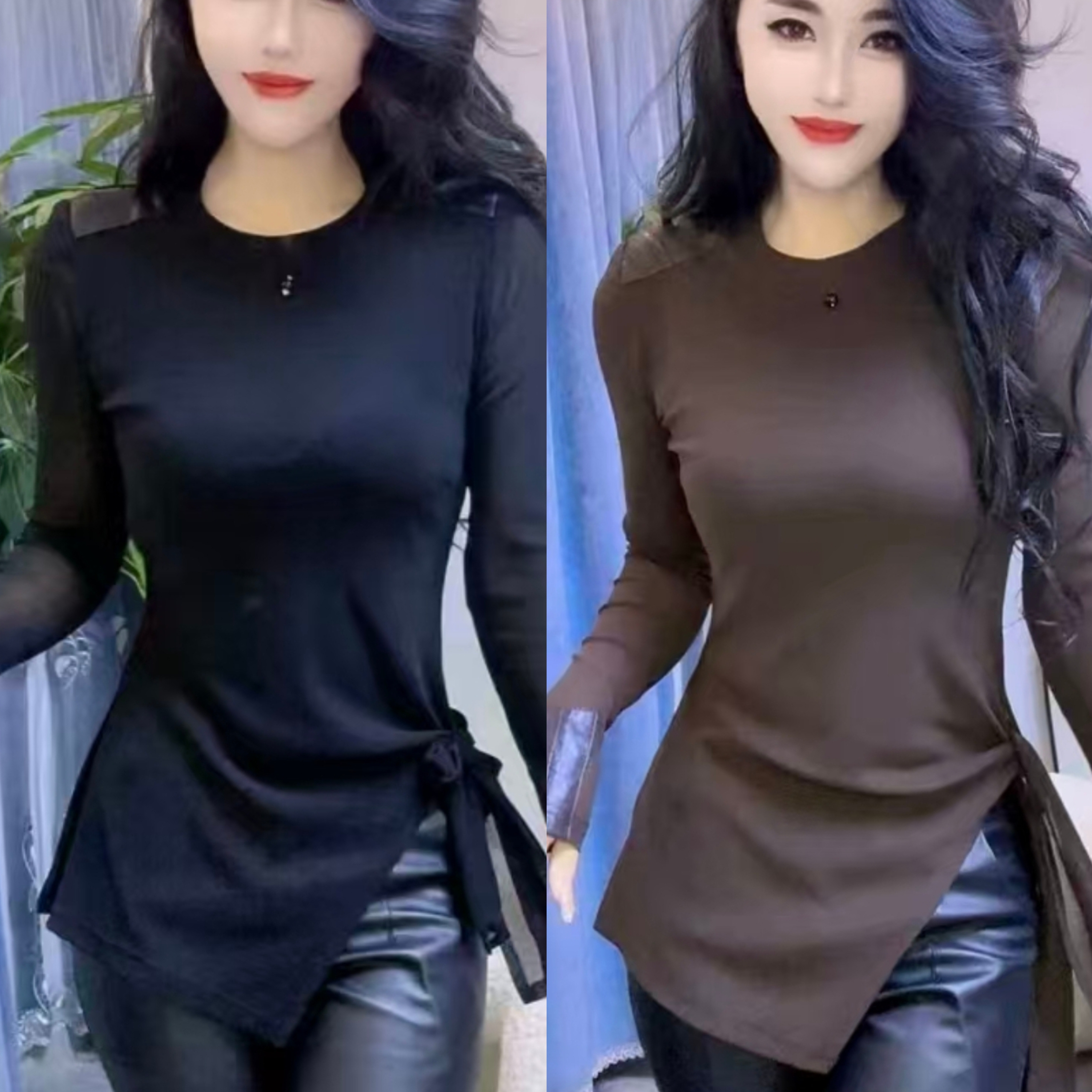 欧货时尚网红爆款女拼皮不规则蕾丝长袖打底衫圆领开叉内搭小衫潮