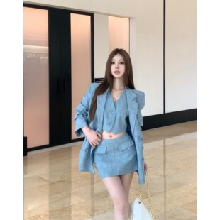 时尚套装气质蓝色西装外套上衣马甲背心女秋季包臀半身裙子三件套