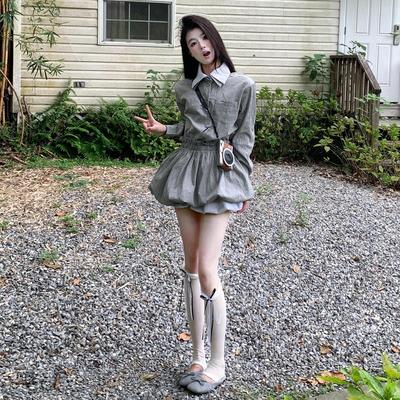 韩系早秋穿搭一整套灰色衬衫连衣裙子女2025新款爆款蓬蓬短裙套装